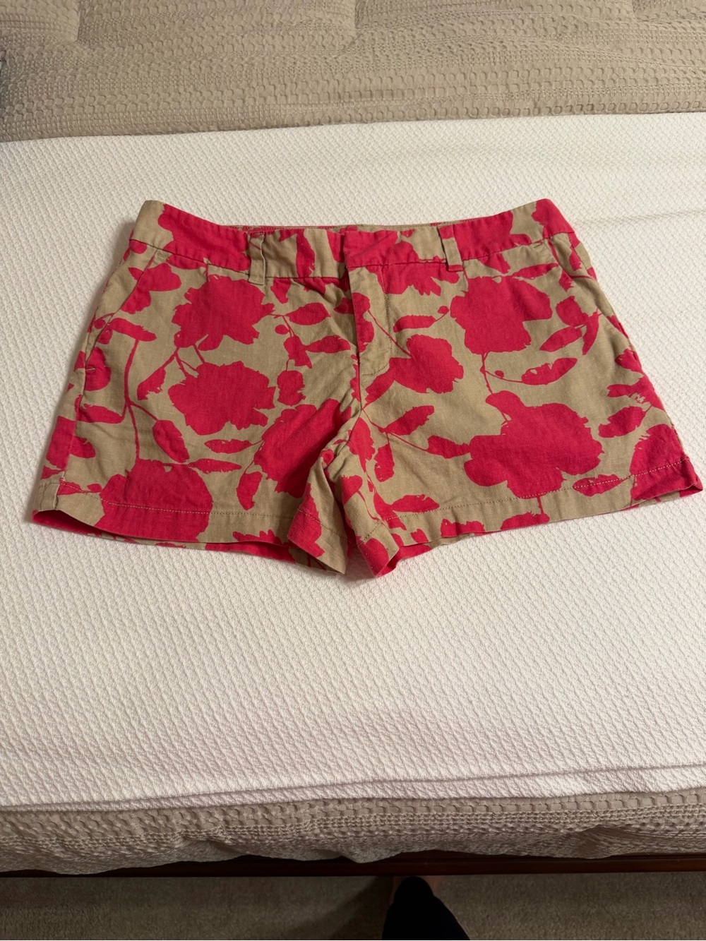 LOFT Tan Shorts with Bright Coral Floral Print